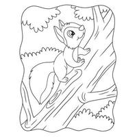 ilustración de dibujos animados una ardilla trepando un árbol grande para conseguir comida en él libro o página para niños en blanco y negro vector