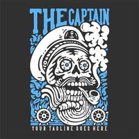 diseño de camiseta con capitán marinero de cráneo barbudo humeante con ilustración vintage de fondo gris vector