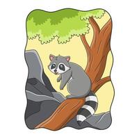 ilustración de dibujos animados el mapache está parado en un gran tronco de árbol en busca de comida