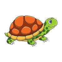 cartoon illustration a turtle walking in the middle of a meadow on a cliff beside a river vector