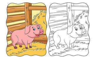 ilustración de dibujos animados de un cerdo caminando en su jaula en un libro o página de pajar para niños