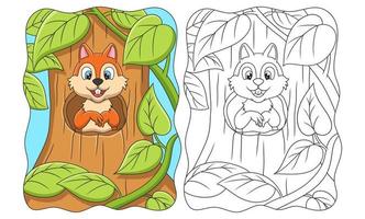 ilustración de dibujos animados de la ardilla parada frente al agujero en la puerta de su casa en un gran árbol en medio del libro o página del bosque para niños vector