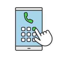 Hand dialing phone number color icon. Smartphone keypad. Isolated vector illustration