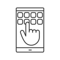 Smartphone touchscreen and keypad linear icon. Thin line illustration. Hand entering smartphone password. Typing message. Contour symbol. Vector isolated outline drawing