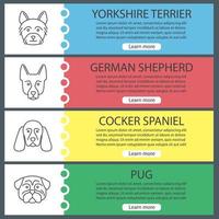 Dogs breeds web banner templates set. Yorkshire Terrier, German Shepherd, Cocker Spaniel, pug. Website color menu items with linear icons. Vector headers design concepts