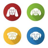 Dogs breeds flat design long shadow glyph icons set. Cocker Spaniel, Shih Tzu, pug, Rottweiler. Vector silhouette illustration