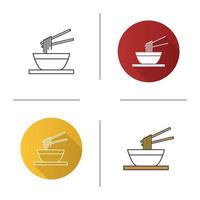 Chinese noodles with chopsticks icon. Ramen. Spaghetti in bowl. Flat design, linear and color styles. Isolated vector illustrations