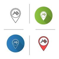 Tattoo studio location icon. Map pinpoint with tattoo machine. Flat design, linear and color styles. Isolated vector illustrations