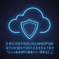 Cloud storage data protection neon light icon. Security shield. Cloud computing. Glowing sign with alphabet, numbers and symbols. Vector isolated illustration