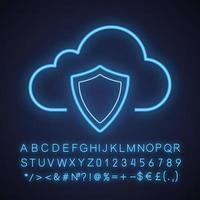 icono de luz de neón de protección de datos de almacenamiento en la nube. escudo de seguridad computación en la nube. signo brillante con alfabeto, números y símbolos. ilustración vectorial aislada vector