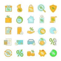 conjunto de iconos de colores de porcentajes. ofertas de descuento, hipotecas de bienes raíces, banca, ahorro de dinero. ilustraciones de vectores aislados