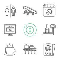 Airport service linear icons set. WC, stair truck, flight date, baggage scanner and scales, refund, hot drink, carousel, passport. Thin line contour symbols. Isolated vector outline illustrations