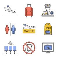 Airport service color icons set. Airplane arrival, baggage, officer, WC, airport gate, luggage tag, waiting hall, phone prohibition, bag scanner. Isolated vector illustrations
