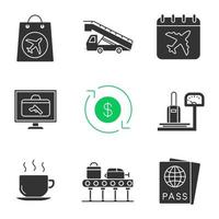 Airport service glyph icons set. Duty free, stair truck, flight date, baggage scanner and scales, refund, hot drink, luggage carousel, passport. Silhouette symbols. Vector isolated illustration