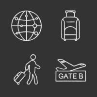Airport service chalk icons set. Route map, baggage, passenger, airport gate. Isolated vector chalkboard illustrations