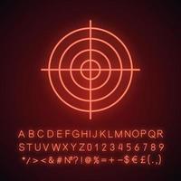 Gun target neon light icon. Aim. Radar. Glowing sign with alphabet, numbers and symbols. Vector isolated illustration
