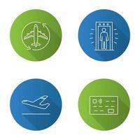 Airport service flat linear long shadow icons set. Flight transit, portal metal detector, airplane departure, credit card. Vector outline illustration