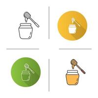 Honey jar with dipper icon. Flat design, linear and color styles. Isolated vector illustrations