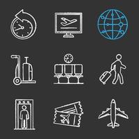 Airport service chalk icons set. Reschedule, online booking, route, baggage cart, waiting hall, passenger, metal detector, ticket, airplane. Isolated vector chalkboard illustrations