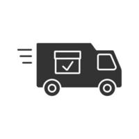 Delivery van with checkmark glyph icon. Fast shipping. Freight transport. Silhouette symbol. Negative space. Vector isolated illustration