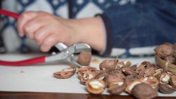 una mujer que rompe nueces con un rompedor de nueces video