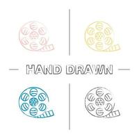 Filmstrip roll hand drawn icons set. Movie reel. Color brush stroke. Isolated vector sketchy illustrations