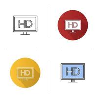 HD display icon. High definition video. Flat design, linear and color styles. Isolated vector illustrations