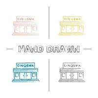 Cinema building hand drawn icons set. Movie theatre. Color brush stroke. Isolated vector sketchy illustrations