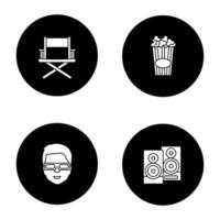 Cinema glyph icons set. Director's chair, stereo system, 3D glasses, popcorn. Vector white silhouettes illustrations in black circles