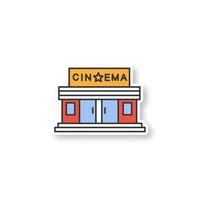 Cinema building patch. Movie theatre. Color sticker. Vector isolated illustration