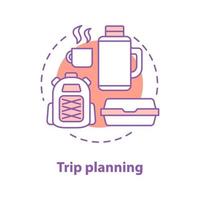 Camping concept icon. Trip planning. Picnic. Outdoor recreation idea thin line illustration. Thermos, backpack, lunch box. Vector isolated outline drawing