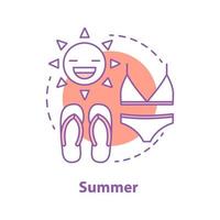 Summer rest concept icon. Vacation idea thin line illustration. Sun, swimsuit and beach flip flops. Summer accessories. Vector isolated outline drawing