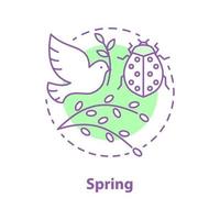 Spring season concept icon. Nature idea thin line illustration. Environment. Willow tree branch, ladybug, dove. Vector isolated outline drawing
