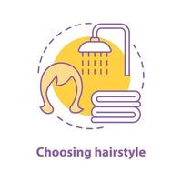 Choosing hairstyle concept icon. Taking bath idea thin line illustration. Shower, towels and wig. Vector isolated outline drawing