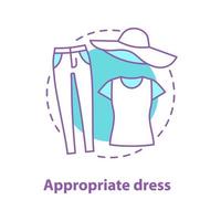 Casual style concept icon. Appropriate dress idea thin line illustration. Comfort clothes. Jeans, t-shirt and sun hat. Vector isolated outline drawing