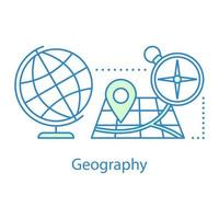 Geography concept icon. Cartography. Traveling. School education idea thin line illustration. Globe, map and compass. Vector isolated outline drawing