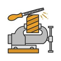 Bench vice fixing wooden plank color icon. Isolated vector illustration