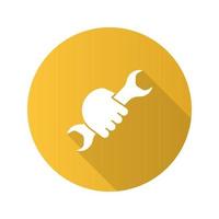 Hand holding wrench flat linear long shadow icon. Double open ended spanner. Vector outline symbol