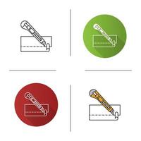 Stationery knife cutting paper icon. Cutter. Flat design, linear and color styles. Isolated vector illustrations