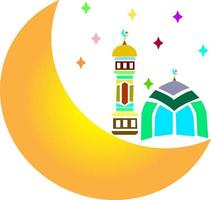 mes de ayuno de eid al-adha y mezquita.para, saludo de eid mubarak con media luna y linterna, tarjeta de celebración de eid al adha mubarak con ovejas de arte en papel colgando sobre fondo azul. vector
