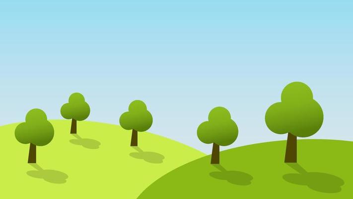 landscape cartoon scene with green hill and tree