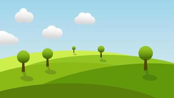 landscape cartoon scene with green hills and white cloud in summer blue sky background vector