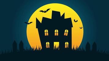 happy Halloween holiday party background. haunted house cartoon on hills with full moon in night sky and bats flying vector