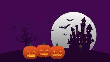 feliz fondo de fiesta de halloween. calabaza divertida y castillo embrujado con luna llena y árbol en la colina estilo plano de dibujos animados con espacio de copia vector