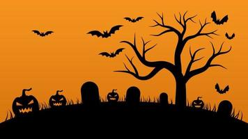 Halloween background. pumpkin with bats and bare tree on orange color background vector