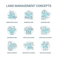 Land management turquoise concept icons set. Democratic planning idea thin line color illustrations. Strategic plan. Isolated symbols. Editable stroke