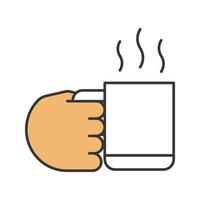 Hand holding cup with hot drink color icon. Coffee, tea, cocoa. Isolated vector illustration