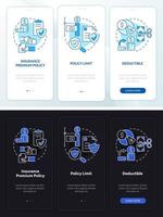 Insurance components night and day mode onboarding mobile app screen. Walkthrough 3 steps graphic instructions pages with linear concepts. UI, UX, GUI template