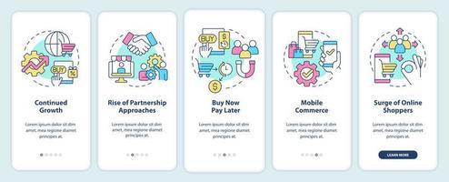 Retail strategy trends onboarding mobile app screen. Trade tendencies walkthrough 5 steps graphic instructions pages with linear concepts. UI, UX, GUI template vector