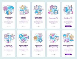 Macro trends onboarding mobile app screen set. Tendencies walkthrough 5 steps graphic instructions pages with linear concepts. UI, UX, GUI template vector